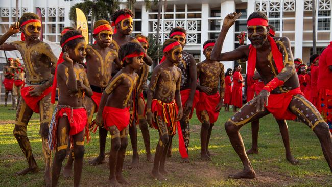 Kenbi Dances from Belyuen community at the Northern Land Council 50 Year Anniversary Concert in State Square, Parliament House, Darwin. Picture: Pema Tamang Pakhrin