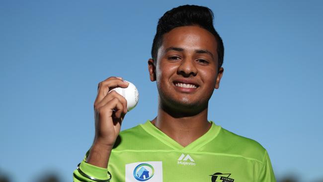 Sydney Thunder’s teenage bowler Tanveer Sangha at Blacktown International Sportspark. Pic; Brett Costello.