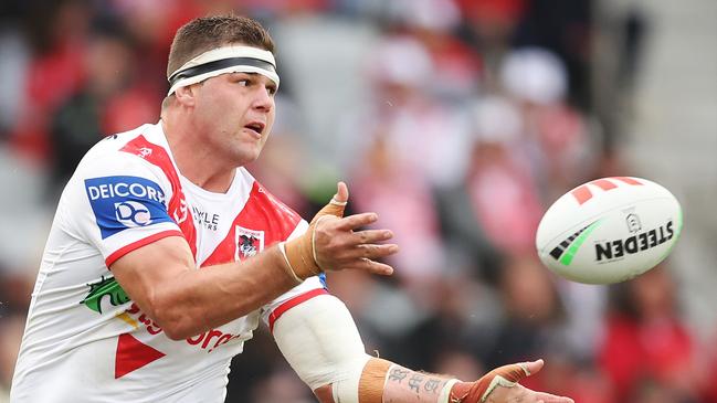 WOLLONGONG, AUSTRALIA - APRIL 01:  Blake Lawrie of the Dragons passes during the round five NRL match between St George Illawarra Dragons and Dolphins at WIN Stadium on April 01, 2023 in Wollongong, Australia. (Photo by Mark Metcalfe/Getty Images)