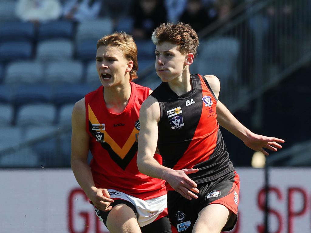 Boston Riccardi (right) in action in the U18 grand final at at GMHBA Stadium. Picture: Alan Barber