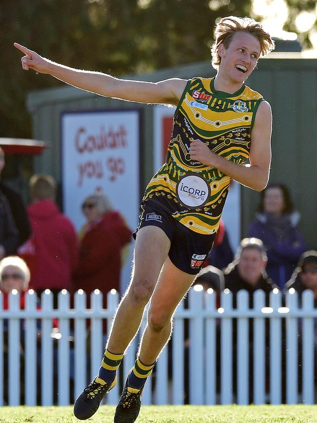 The kid can play. Eagle Jack Luckosius celebrates kicking a goal. Picture: Tom Huntley