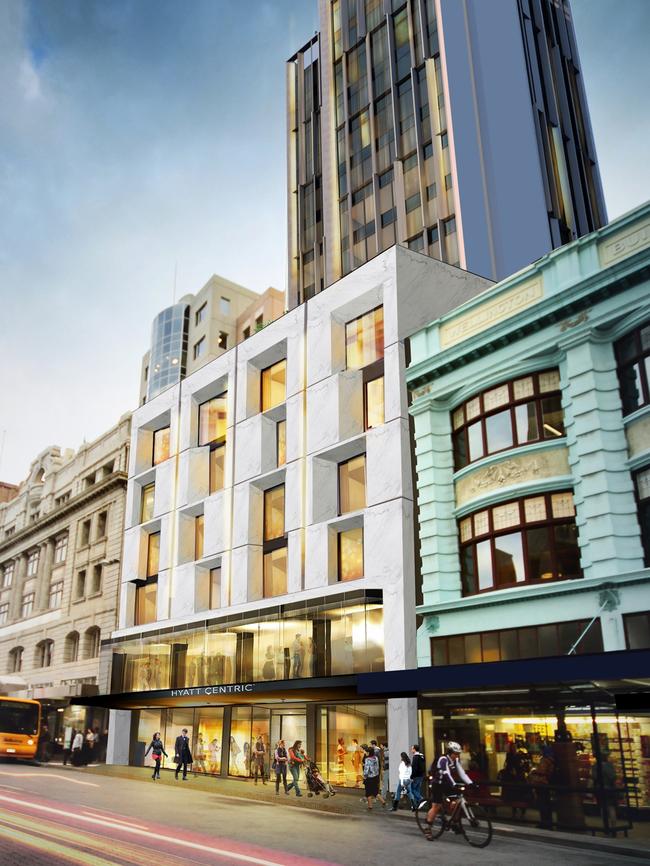 An artist's impression of the proposed 221-room Hyatt Centric Hotel in the Elizabeth St bus mall. Picture: JAWS ARCHITECTS