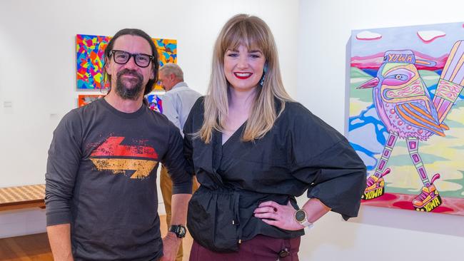 2021 Saltwater Freshwater Aboriginal Arts Award Finalist, Brentyn Lugnan with Coffs Harbour Regional Gallery curator, Chloe Waters in front of fellow 2021 finalist Y.O.W.A's Window Thief 2020. Photo: Brendan Ray