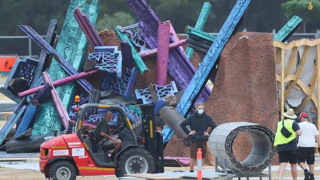 Production crew working on the set at Centennial Park in Sydney. Picture: John Grainger