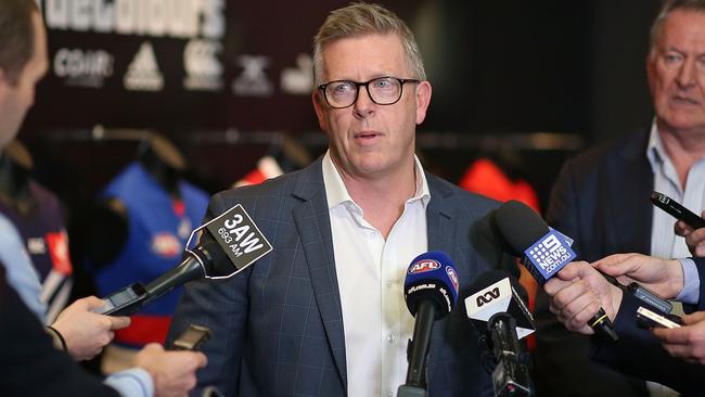 Steve Hocking speaks to the media about the upcoming AFL rule changes. Picture: Getty Images