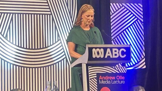 Leigh Sales delivers the 2023 Andrew Olle Lecture in Sydney on Friday.