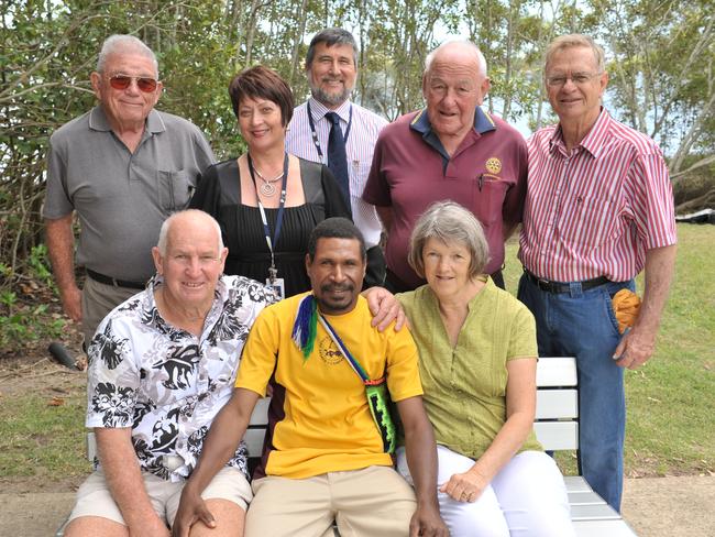 2010: Papua New Guinean farmer Peter Asafa has been handed a new chance at life by some Sunshine Coast residents who brought him to Australia for life saving surgery after he was shot. (l-R) Gale Duffield, Adriana Leonardi, Terrence Seymour, Denis Campbell, Allan Staines and Ken and Jean taylor. Photo: John McCutcheon / The Sunshine Coast Daily