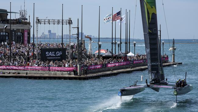 The catamaran on its foils at at Navy Pier, Lake Michigan, in Chicago. Picture: Simon Bruty