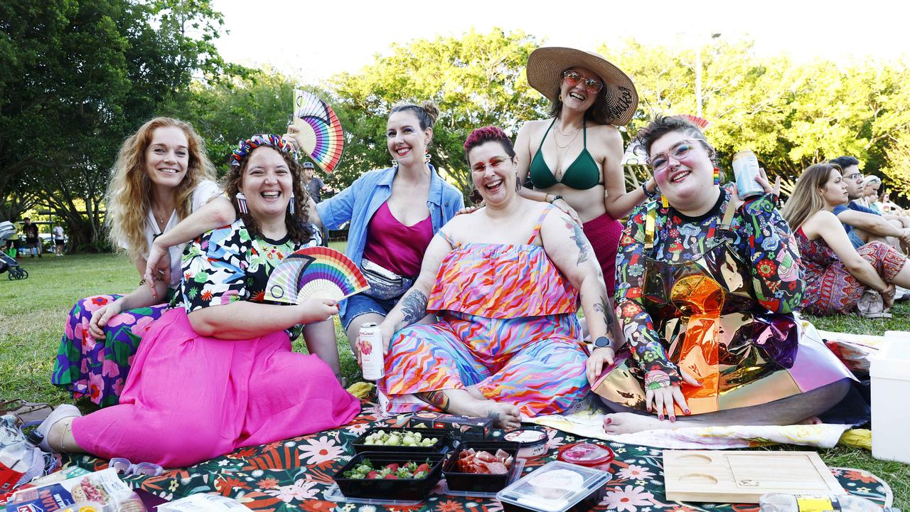 Emma McDonald, Jemma McCosker, Aleisha Bowden, Kaylah Schroeter, Tricia Beyer and Clare de Lune attend the Cairns Pride Evening of Light at Forgarty Park on Sunday, part the 2023 Cairns Pride Festival. Picture: Brendan Radke