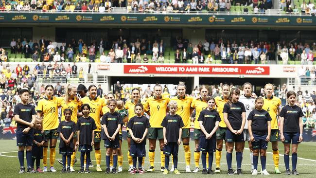 The Matildas line up for the national anthem before the International friendly match between the Australia Matildas and Sweden. (Photo by Darrian Traynor/Getty Images)