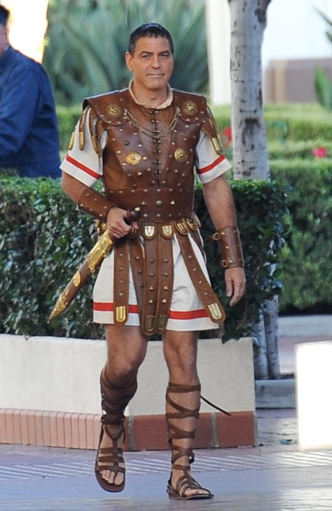 George Clooney seen for the first time on the set of Hail, Caesar! in Los Angeles.