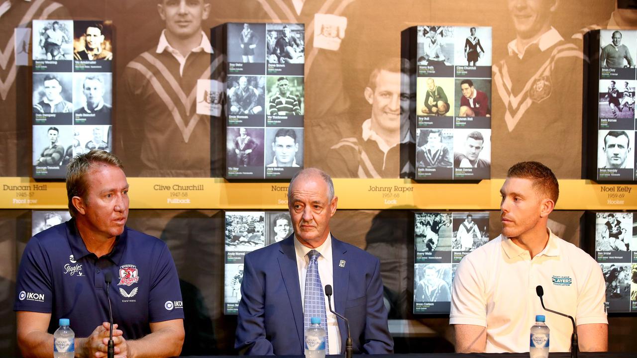 Trent Robinson with Men of League Foundation CEO Stephen Lowndes and RLPA representative Tom Symonds. Picture: Toby Zerna