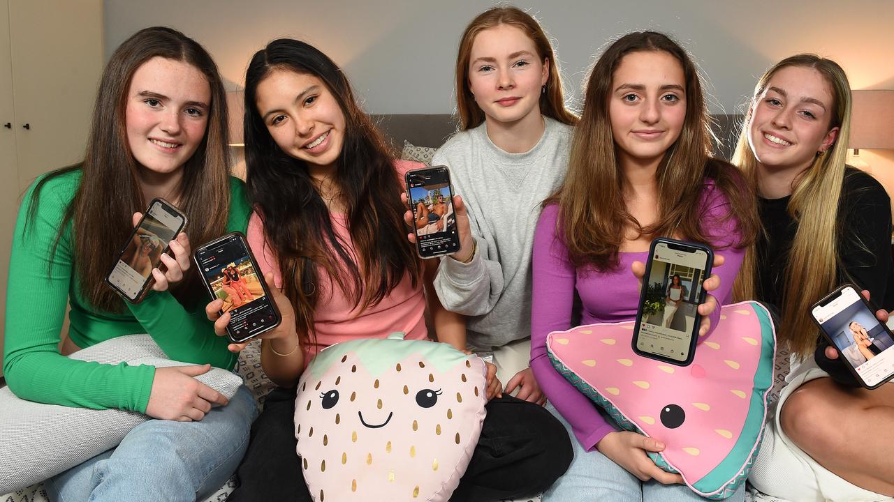 A world-first index has revealed the massive impact of social media influencers on Gen Z decision-making, particularly among teenage girls. Pictured left to right are Mia Brammall, Jahrielle McAlary, Isabelle Godfrey, Juliette Moran and Olive Oxland, who all follow lots of influencers. Picture: Josie Hayden