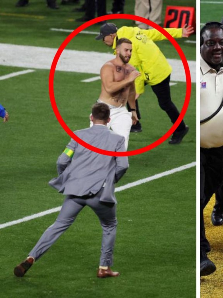 Two streakers interrupt the Super Bowl during the match between Kansas City  Chiefs and San Francisco 49ers