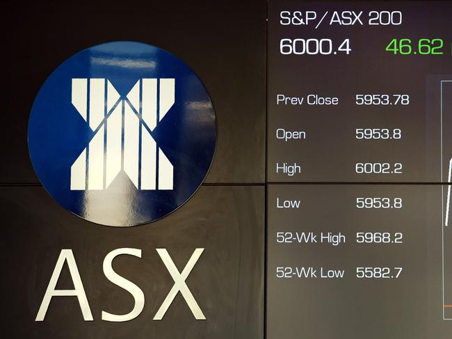 A board at the Australian Securities Exchamge (ASX) in Sydney on November 7, 2017, shows the Australian sharemarket breaking through above 6,000 for the first time since the financial crisis, pushing past a psychological barrier amid optimism about the global economy. The benchmark S&P/ASX 200 briefly passed 6,000 in trading in Sydney in mid-day trade, after failing to pass that level after several attempts in recent years. / AFP PHOTO / WILLIAM WEST