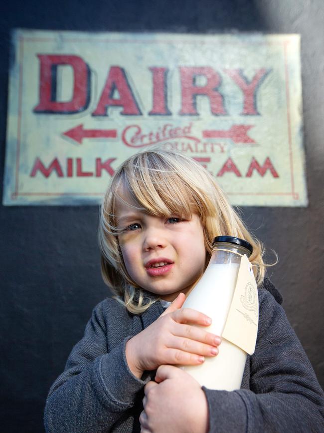 East West childcare centre uses milk from St David Dairy. The kids walk around to the dairy and pick up their milk which is in glass bottles. Huon, 4. Picture: Mark Stewart