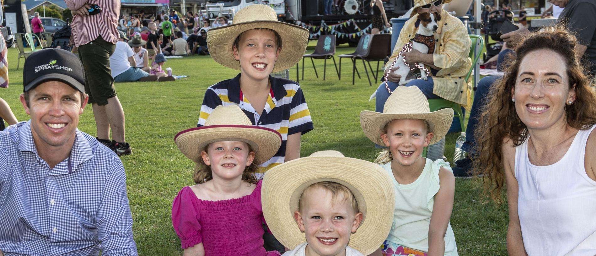 (from left) Scott, Dimity, Fletcher, Hugo, Gabrielle and Telia Simpson at the Toowoomba Street Food Festival at Pittsworth. Saturday, January 29, 2022. Picture: Nev Madsen.