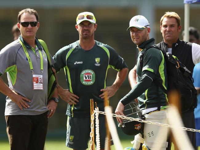 Australia legends Mark Waugh, Greg Blewett, Michael Clarke and Shane Warne after a nets session.