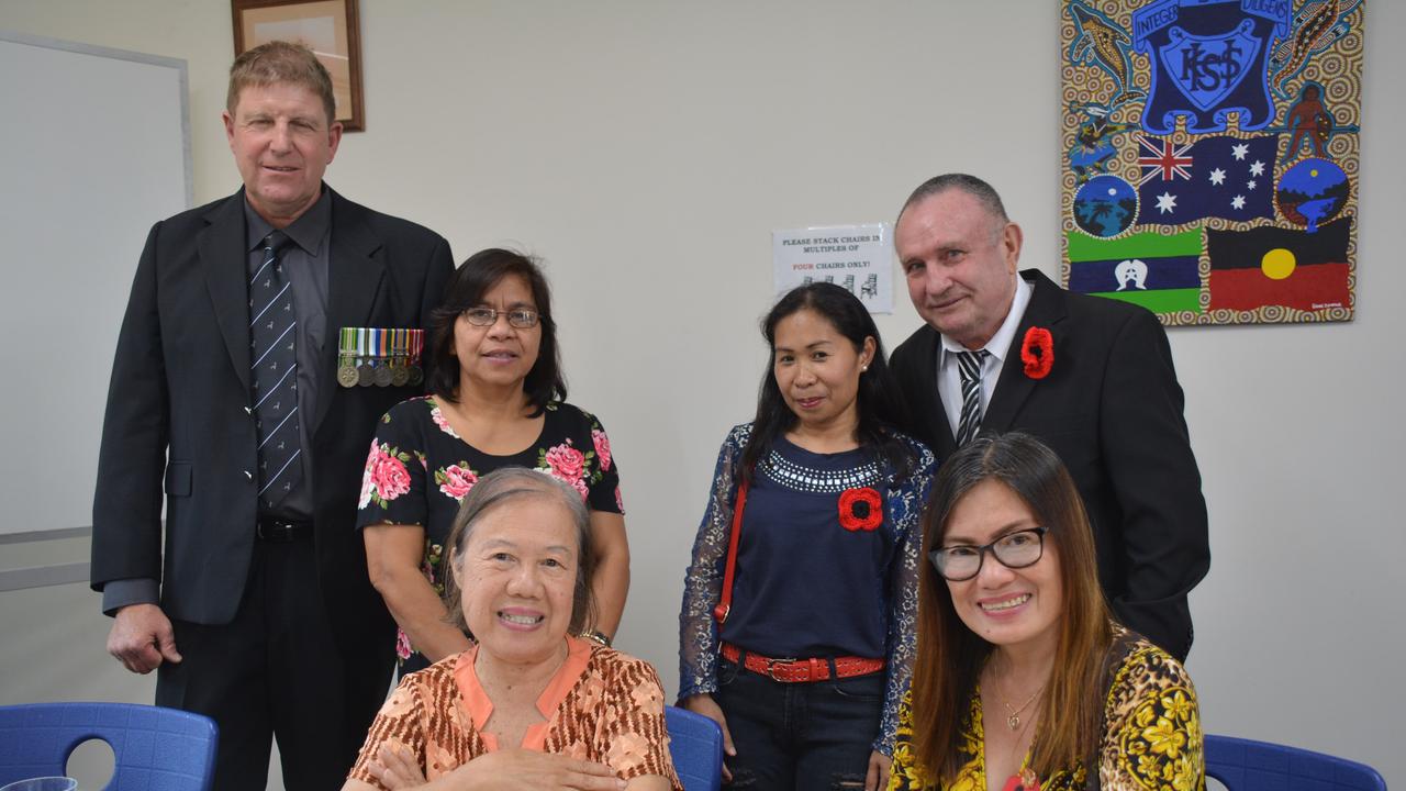 John and Veronica Ellacott, Ella Boynton, Angeline and John Turnwald and Janie Ferhanisch at the 2019 Kingaroy Remembrance Day service at KSHS. (Photo: Jessica McGrath)