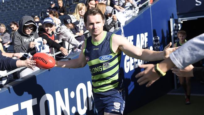 Patrick Dangerfield will need to prove his fitness after hurting his knee in Geelong’s win over Essendon. Picture: AAP Image/Richard Wainwright. 