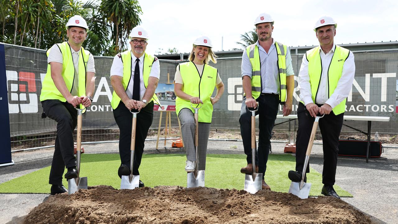 This is a joint venture between the Queensland Government and the Salvation Army. Salvation Army state manager for homelessness Aaron Pimlott, state leader Mark Everitt, Member for Barron River Bree James, Bryant Building Contractors director Dan Fragg and Salvation Army chief executive Chris Karagiannis celebrate the start of construction. Picture: Brendan Radke