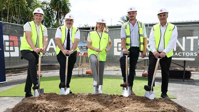 This is a joint venture between the Queensland Government and the Salvation Army. Salvation Army state manager for homelessness Aaron Pimlott, state leader Mark Everitt, Member for Barron River Bree James, Bryant Building Contractors director Dan Fragg and Salvation Army chief executive Chris Karagiannis celebrate the start of construction. Picture: Brendan Radke