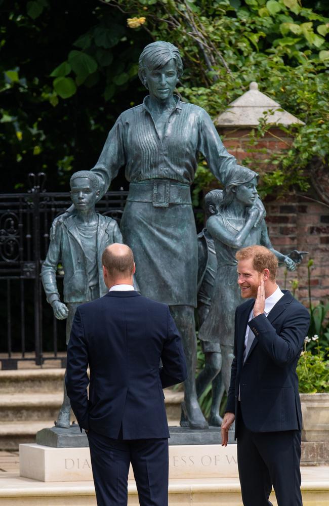 Prince William, Duke of Cambridge (left) and Prince Harry, Duke of Sussex unveil a statue they commissioned of their mother Diana, Princess of Wales. Picture: Getty