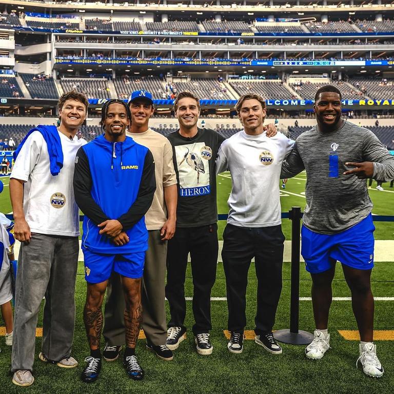 Tanner Bruhn with fellow AFL players Jack Ginnivan, Matt Guelfi and Jye Caldwell at an LA Rams game. Picture: Instagram