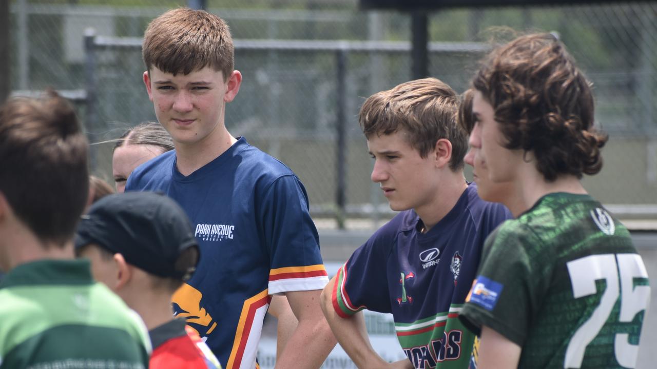 Players at the Park Avenue Brothers Hockey Club and Astro's Hockey development clinic at Kalka Shades, Rockhampton, on February 8, 2025.