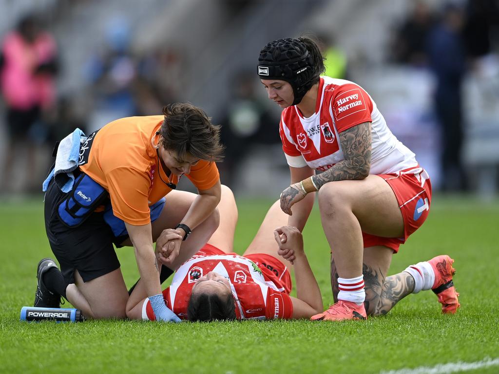 Raecene McGregor is treated for an injury. Picture: NRL Photos/Gregg Porteous