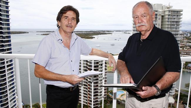 Roland Pavoni and Kevan Wolfe of the Runaway Bay Action Group at the site of a proposed tower. Picture: Tertius Pickard