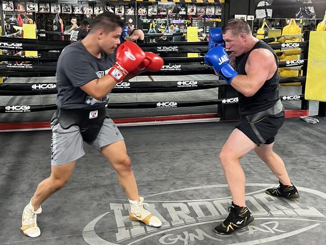 Akkawy sparring with Paul Gallen before his lay-off. Picture: Supplied