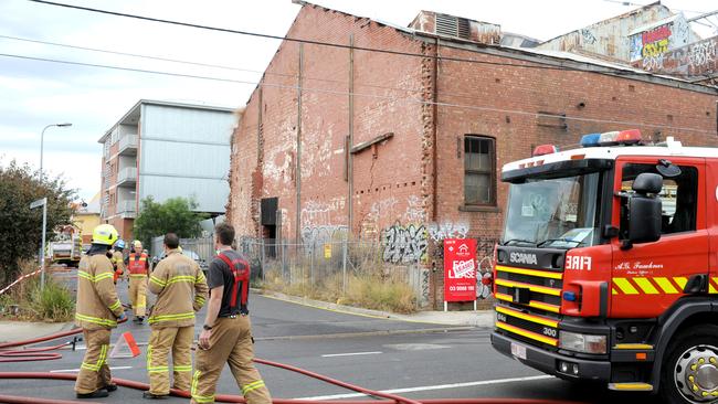 A mattress caught fire at an abandoned factory on the corner of Dawson Street and Brickworks Drive in Brunswick in 2018. Picture: Andrew Henshaw