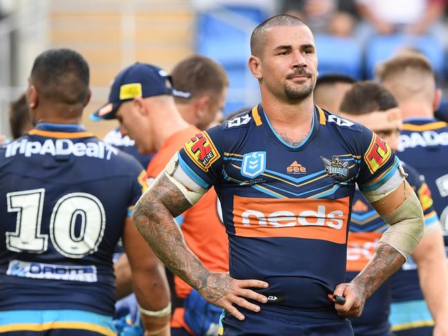 Nathan Peats of the titans looks on following a Sea Eagles try during the Round 15 NRL match between the Gold Coast Titans and the Manly Sea Eagles at CBus Super Stadium on the Gold Coast, Saturday, June 29, 2019. (AAP Image/Dave Hunt) NO ARCHIVING, EDITORIAL USE ONLY