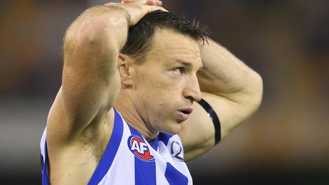 BRISBANE, AUSTRALIA - JUNE 28: Brent Harvey of the Kangaroos looks on during the round 15 AFL match between the Brisbane Lions and the North Melbourne Kangaroos at The Gabba on June 28, 2014 in Brisbane, Australia. (Photo by Chris Hyde/Getty Images)