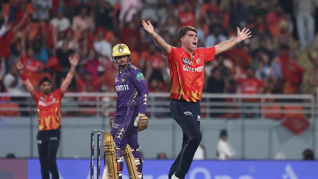 MOHALI, INDIA - APRIL 15: Xavier Bartlett of Punjab Kings unsuccessfully appeals during the 2025 IPL match between Punjab Kings and Kolkata Knight Riders at Maharaja Yadavindra Singh International Cricket Stadium in Mullanpur, Mohali on April 15, 2025, in India. (Photo by Pankaj Nangia/Getty Images)