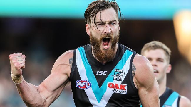 Charlie Dixon of the Power celebrates a goal during the 2019 AFL round 23 match between the Port Adelaide Power and the Fremantle Dockers at the Adelaide Oval on August 25, 2019 in Adelaide, Australia. Picture: Matt Turner/AFL Photos