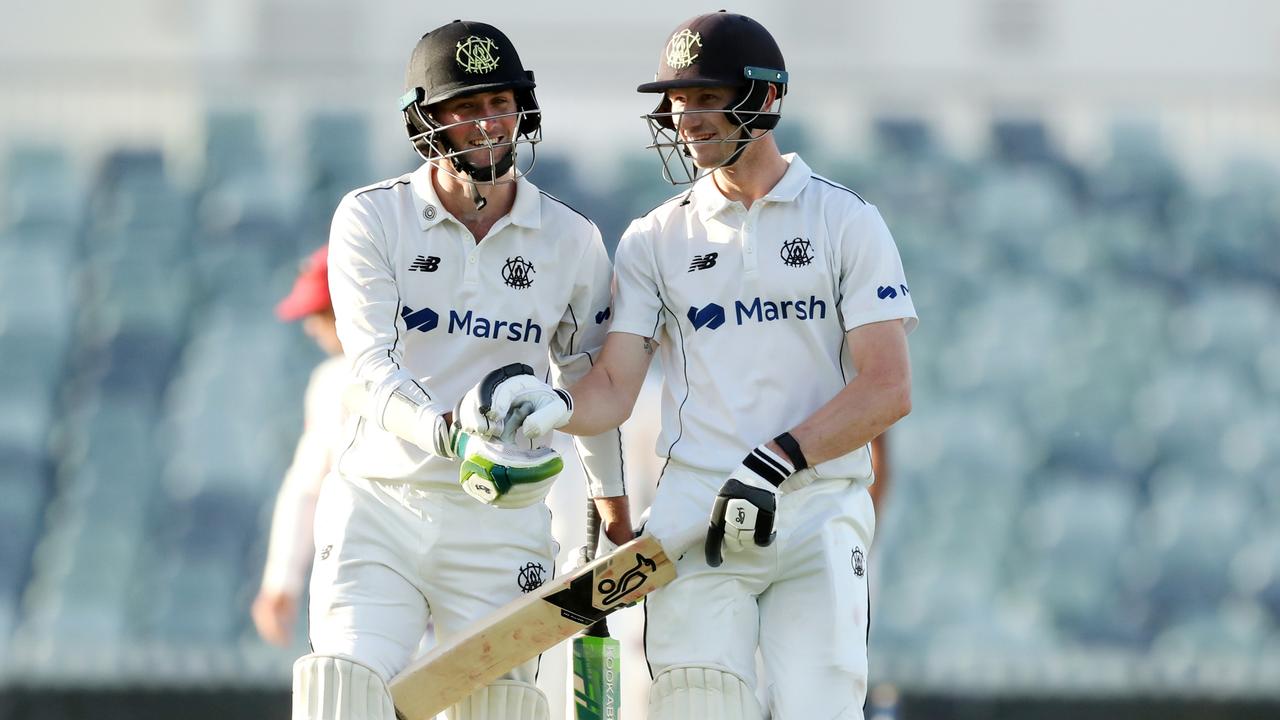 Sam Whiteman and Cameron Bancroft of Western Australia leave the field after a partnership of 256 runs during the Sheffield Shield match between Western Australia and South Australia at WACA, on November 12, 2022, in Perth, Australia. (Photo by Will Russell/Getty Images)