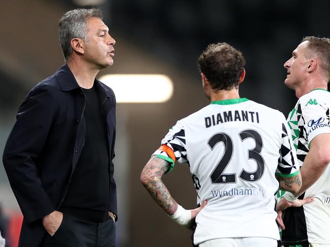 SYDNEY, AUSTRALIA - AUGUST 12: Western United coach Mark Rudan speaks to Besart Berisha and Alessandro Diamanti during the round 24 A-League match between the Perth Glory and Western United at Bankwest Stadium on August 12, 2020 in Sydney, Australia. (Photo by Cameron Spencer/Getty Images)