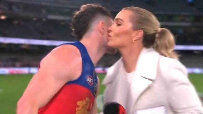 Abbey Holmes and Lachie Neale have found themselves the centre of a saga following a post-match kiss-on-the-cheek. Picture: Channel 7