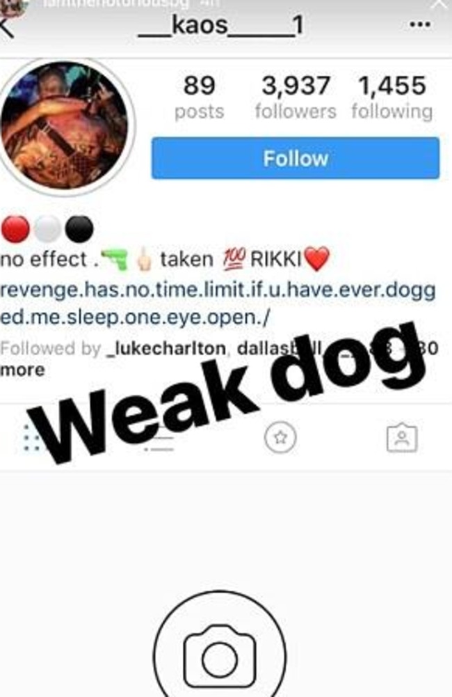 Geppert makes unsubstantiated claims that Pechey is a ‘weak dog’ on Kaos’s Instagram page after the two bikies fell out.