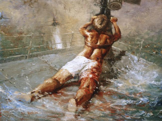 Dale Marsh’s painting immortalising Teddy Sheean’s heroic act in 1942. Picture: AUSTRALIAN WAR MEMORIAL