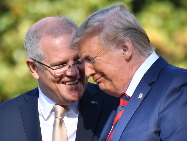 *This picture has been selected as one of the Best of the Year News images for 2019* United States President Donald Trump and Australia's Prime Minister Scott Morrison at a ceremonial welcome on the south lawn of the White House in Washington DC, United States, Friday, September 20, 2019. (AAP Image/Mick Tsikas) NO ARCHIVING