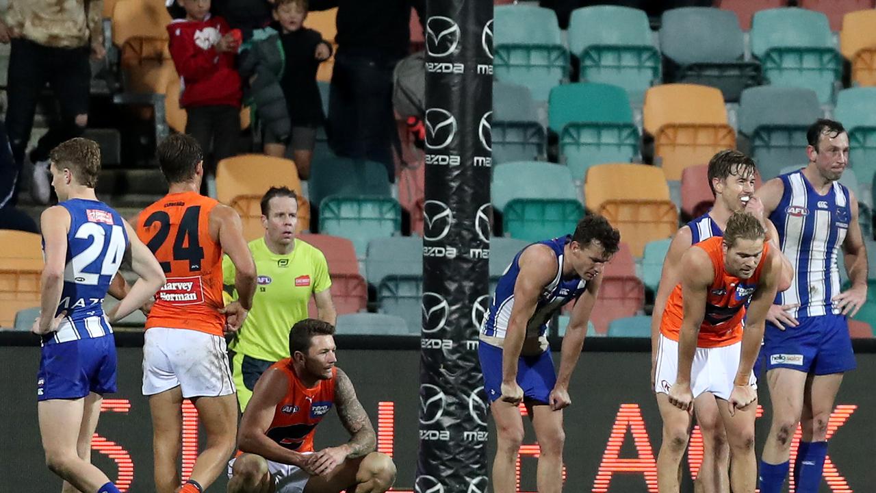 GWS and North Melbourne players didn’t know how to react after the first draw of the AFL season. (Photo by Mark Metcalfe/AFL Photos/via Getty Images)