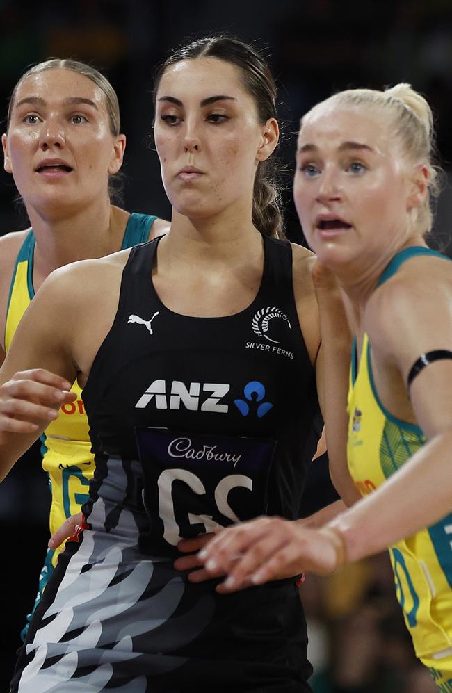 Amelia Walmsely squares off with Courtney Bruce and Jo Weston in game one of the Constellation Cup. Picture: Getty Images