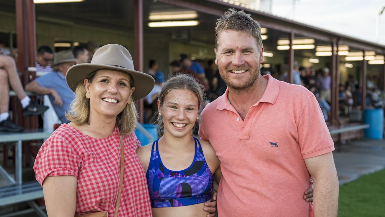 Youth entrant Ava Fitzpatrick with parents Hollie and Matt Fitzpatrick at the 2021 Postle Gift Raceday at Club Pittsworth, Saturday, October 30, 2021. Picture: Kevin Farmer