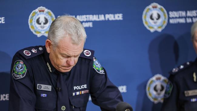 SA Police Commissioner Grant Stevens pauses during a press conference about the fatal accident that killed his colleague yesterday.