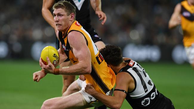 Ben McEvoy in his only game for the 2022 season, against Port Adelaide in round 2. Picture: Getty Images