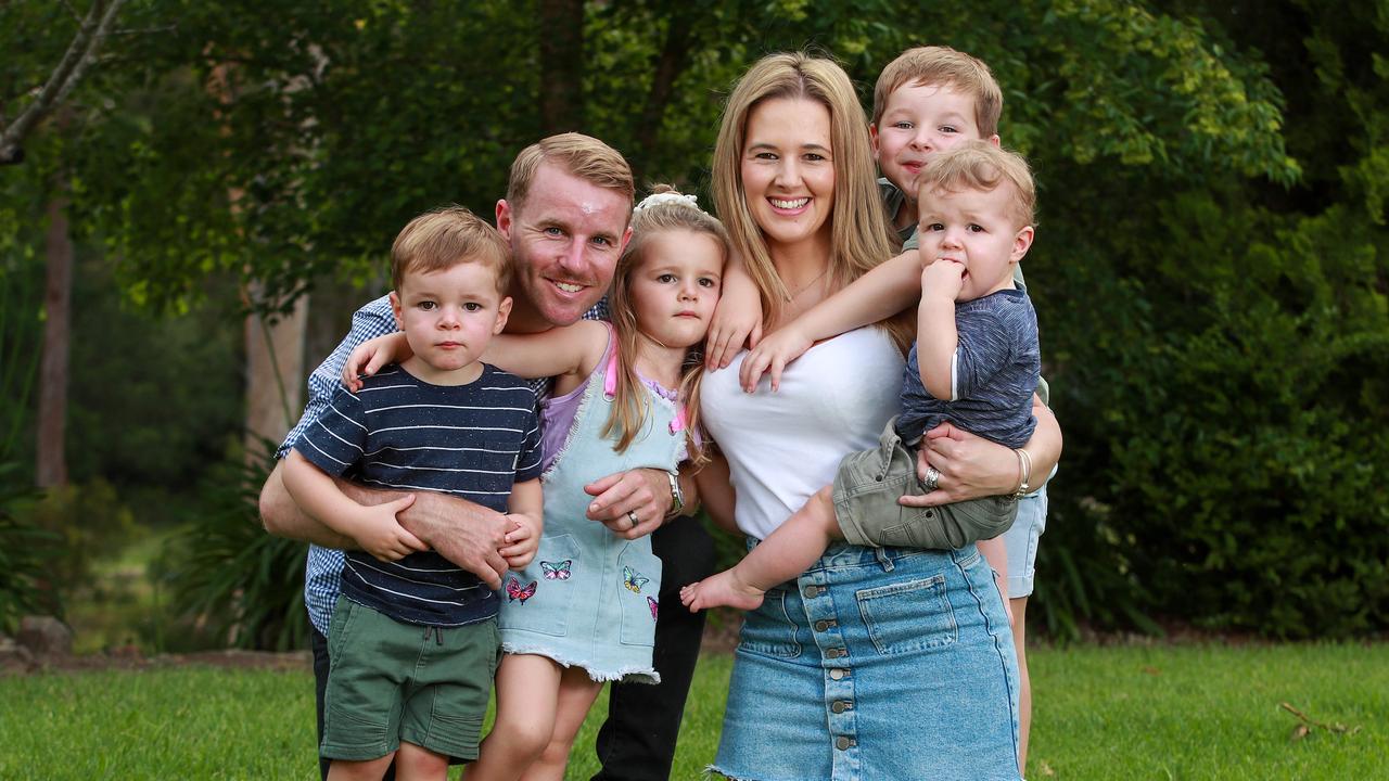 Jockey Tommy Berry with his wife Sharnee and children Levi, 2, Charlise, 3, Kaiden, 5 and Nate, 1. Picture: Justin Lloyd