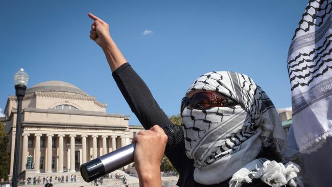 Pro-Palestinian demonstrators march through the Columbia University campus to mark one year of the war between Hamas and Israel in New York City on October 7, 2024. Picture: AFP